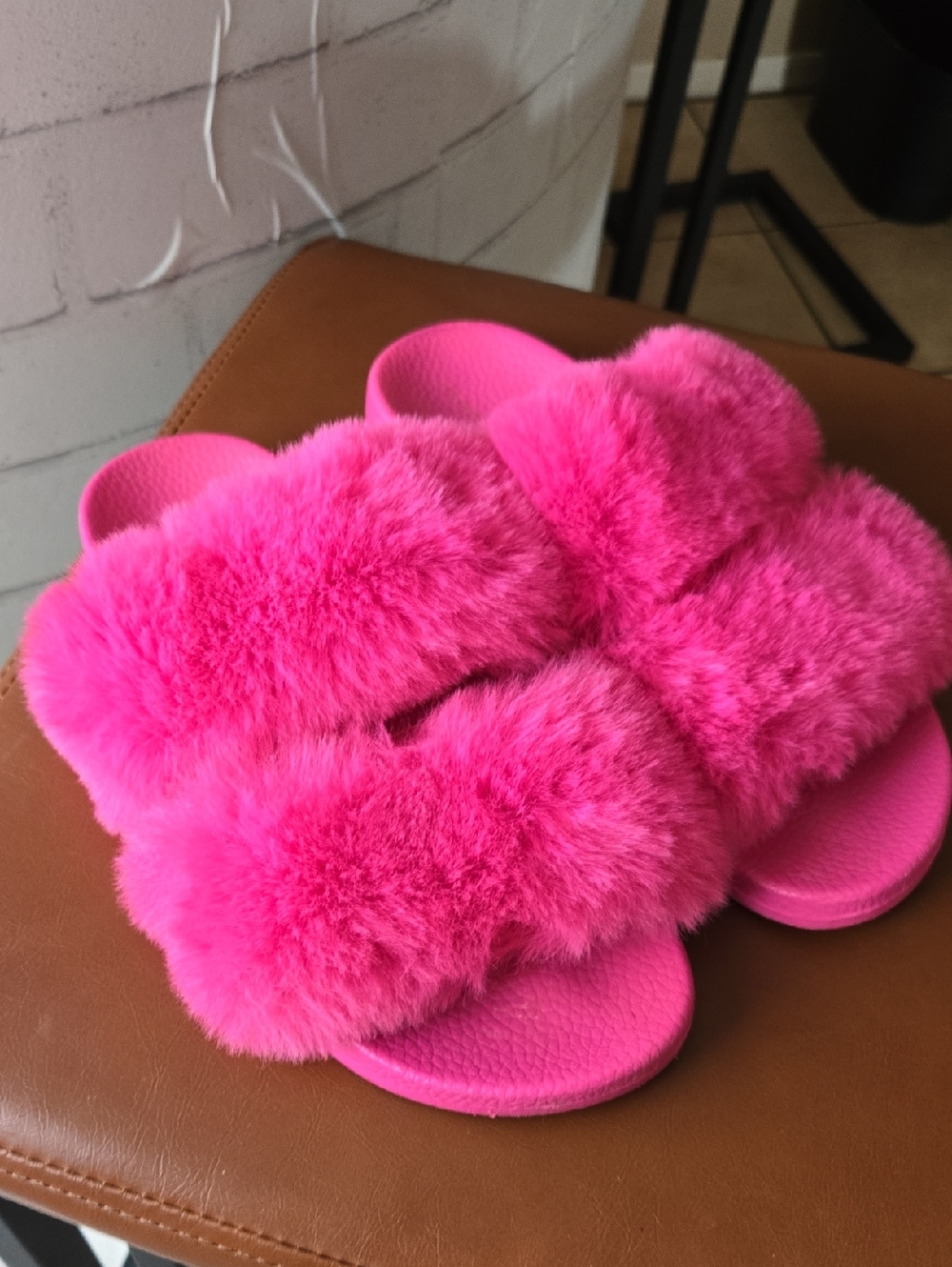 BAMBOO Hot Pink Fuzzy Slide Sandals